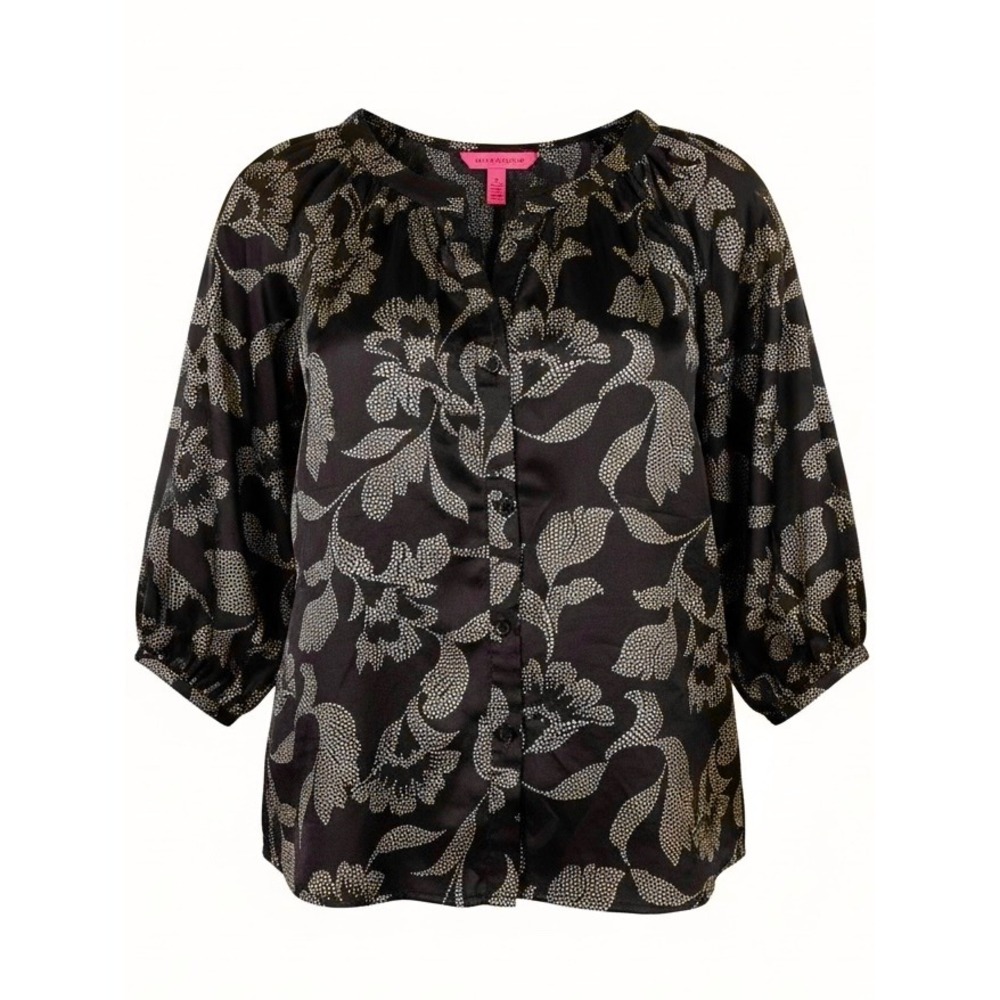 Vince Camuto Womens XL Black Ivory Floral Dot  Button Front Blouse 3/4 Sleeve